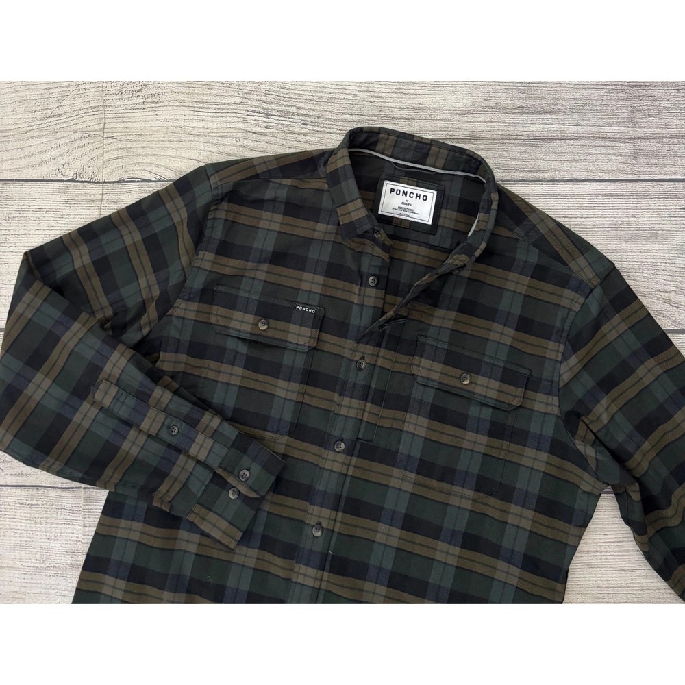 PONCHO Men Sz Medium Olive Black Plaid Performance Fishing Flannel Slim Shirt